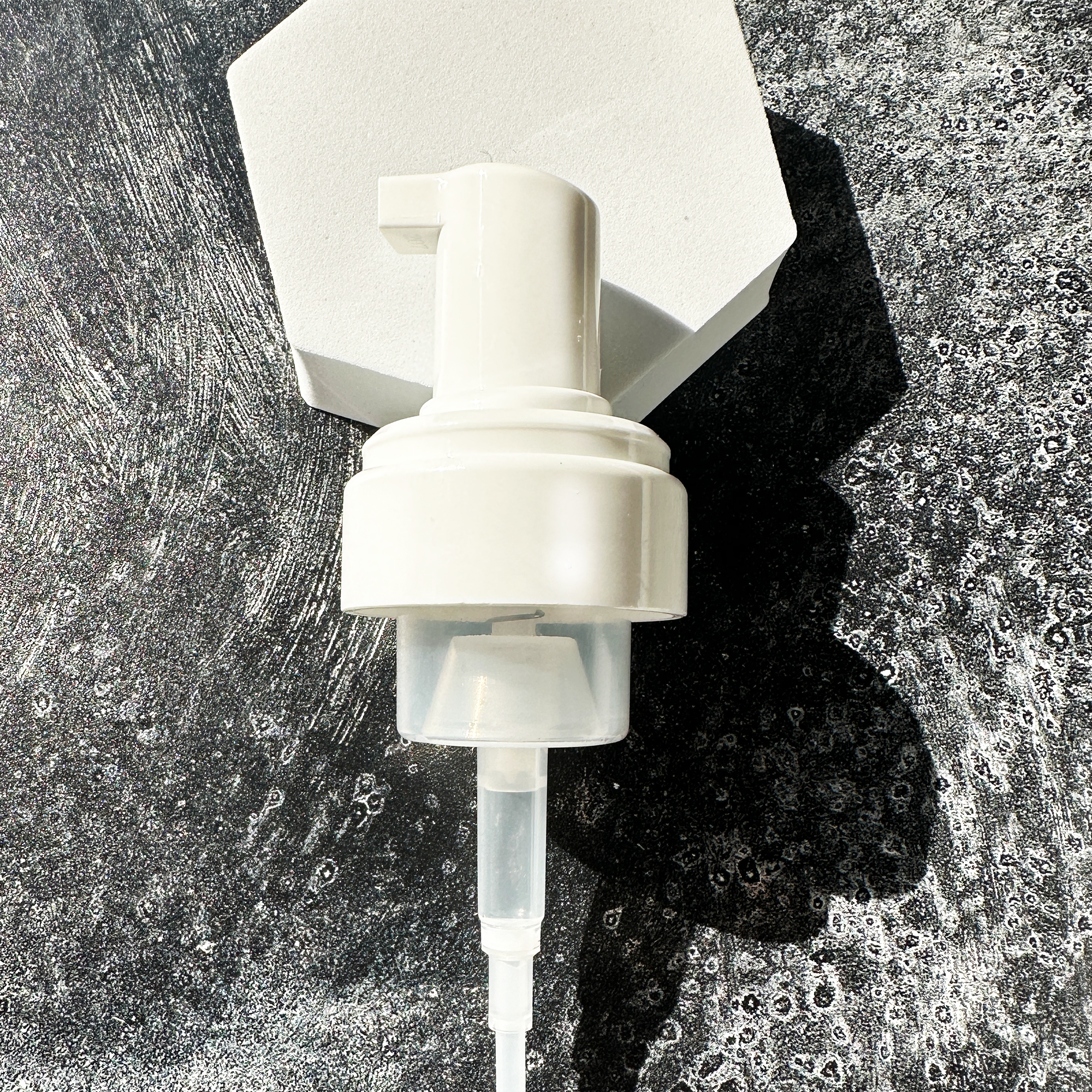 43mm White Polypropylene Dispensing Foaming Pump with 5" and 8"Dip Tube, 0.7mL Output & Clear Over-Cap